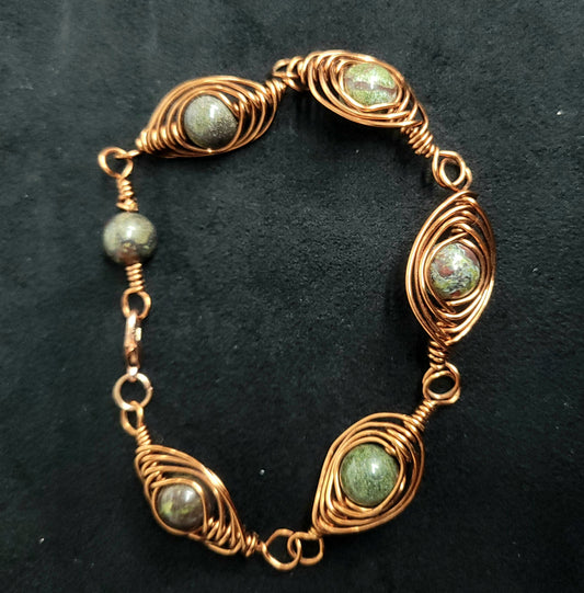 Copper Filled Wire Wrapped Bracelet,  Healing Crystal, Dragons Blood Gemstone Bead Bracelet Gift